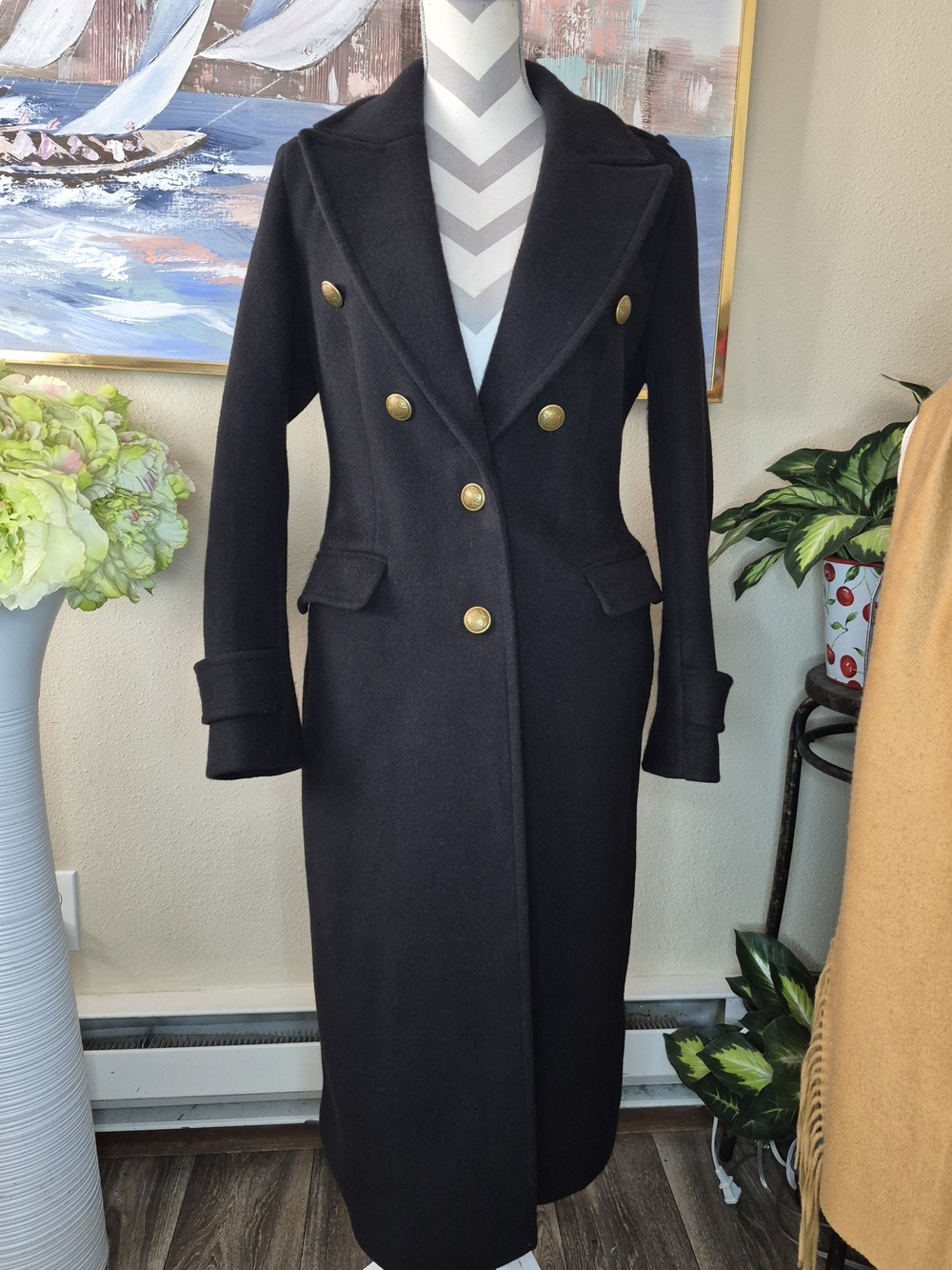 Express Black Double-Breasted Long Trench Coat with Gold Buttons